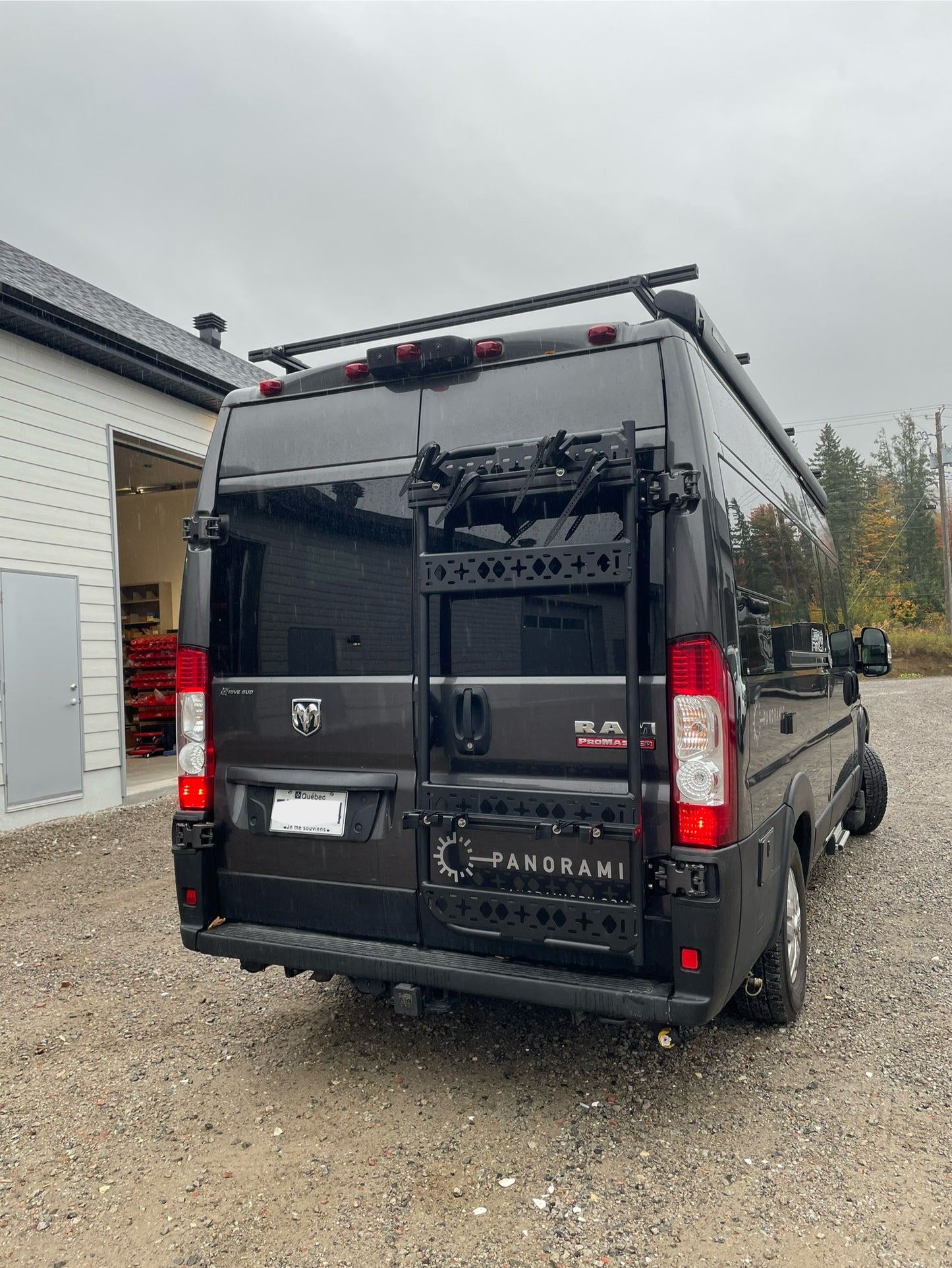 Phlosystem bicycle transport kit installed on a Ram Promaster's right rear door