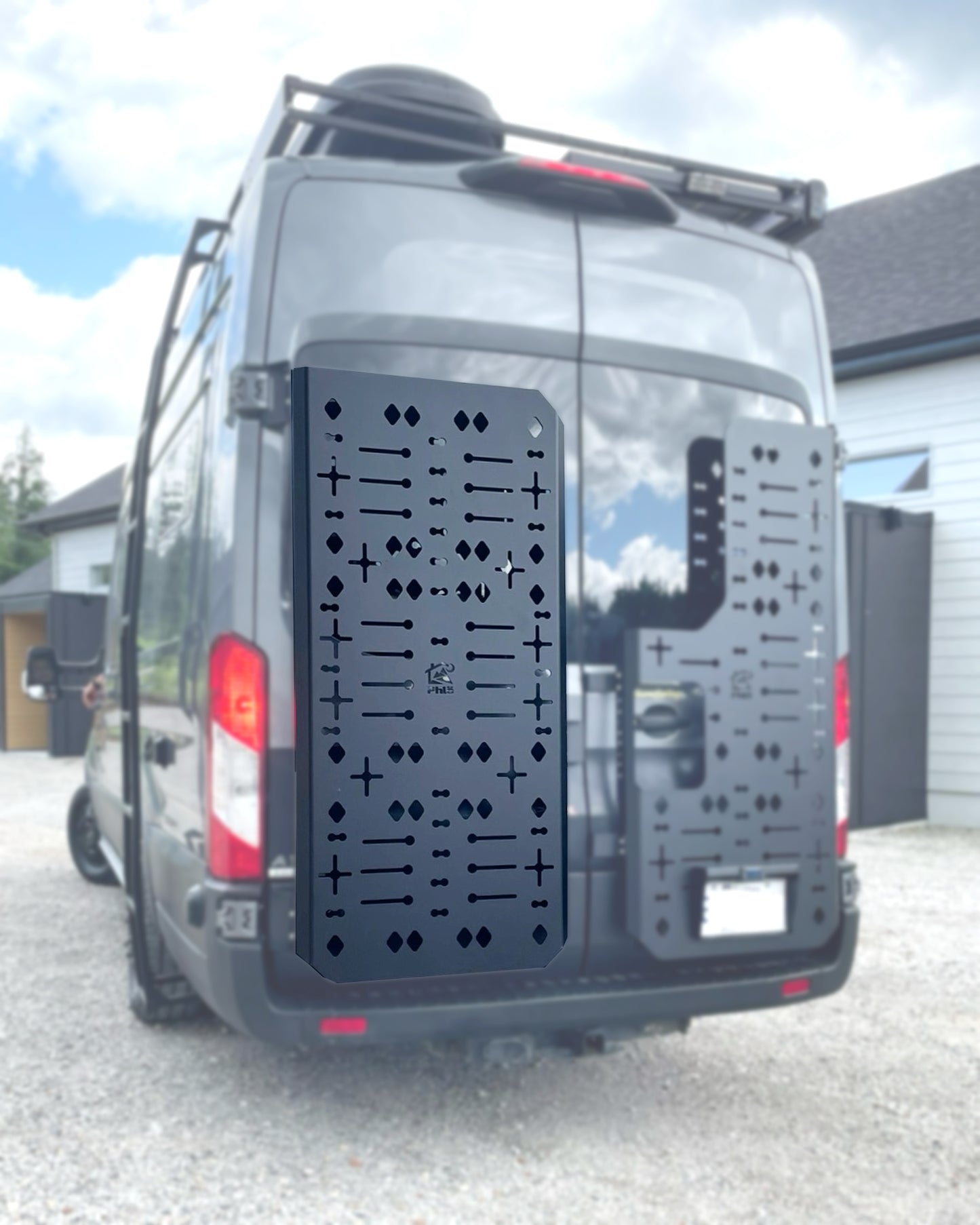 Phlosystem driver side rear door accessory panel installed on a Mercedes Benz Sprinter