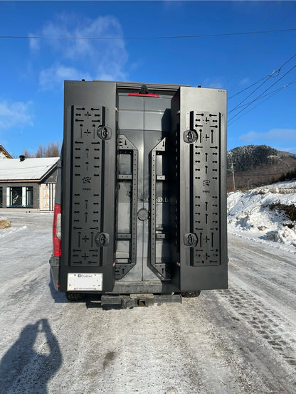 phlosytem ski and snowboard storage chest installed on both left and right doors of a mercedes benz sprinter